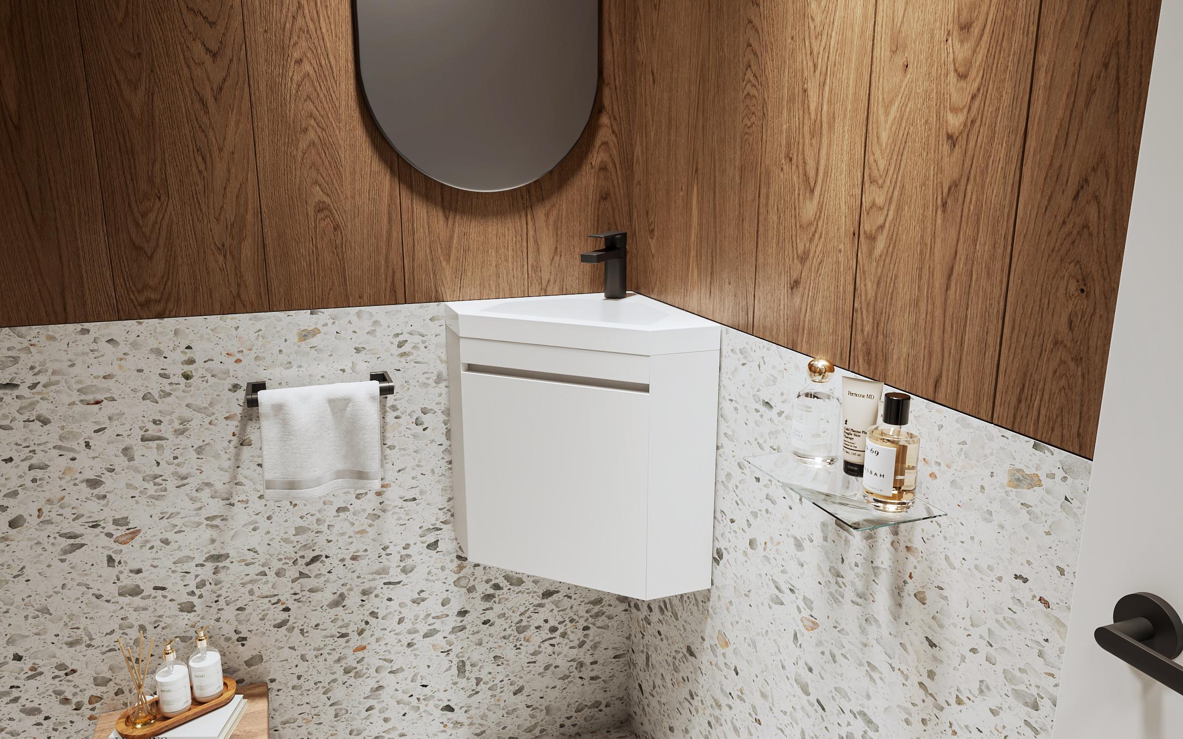 PVC sarok fürdőszoba szekrény mosdóval, fehér  1