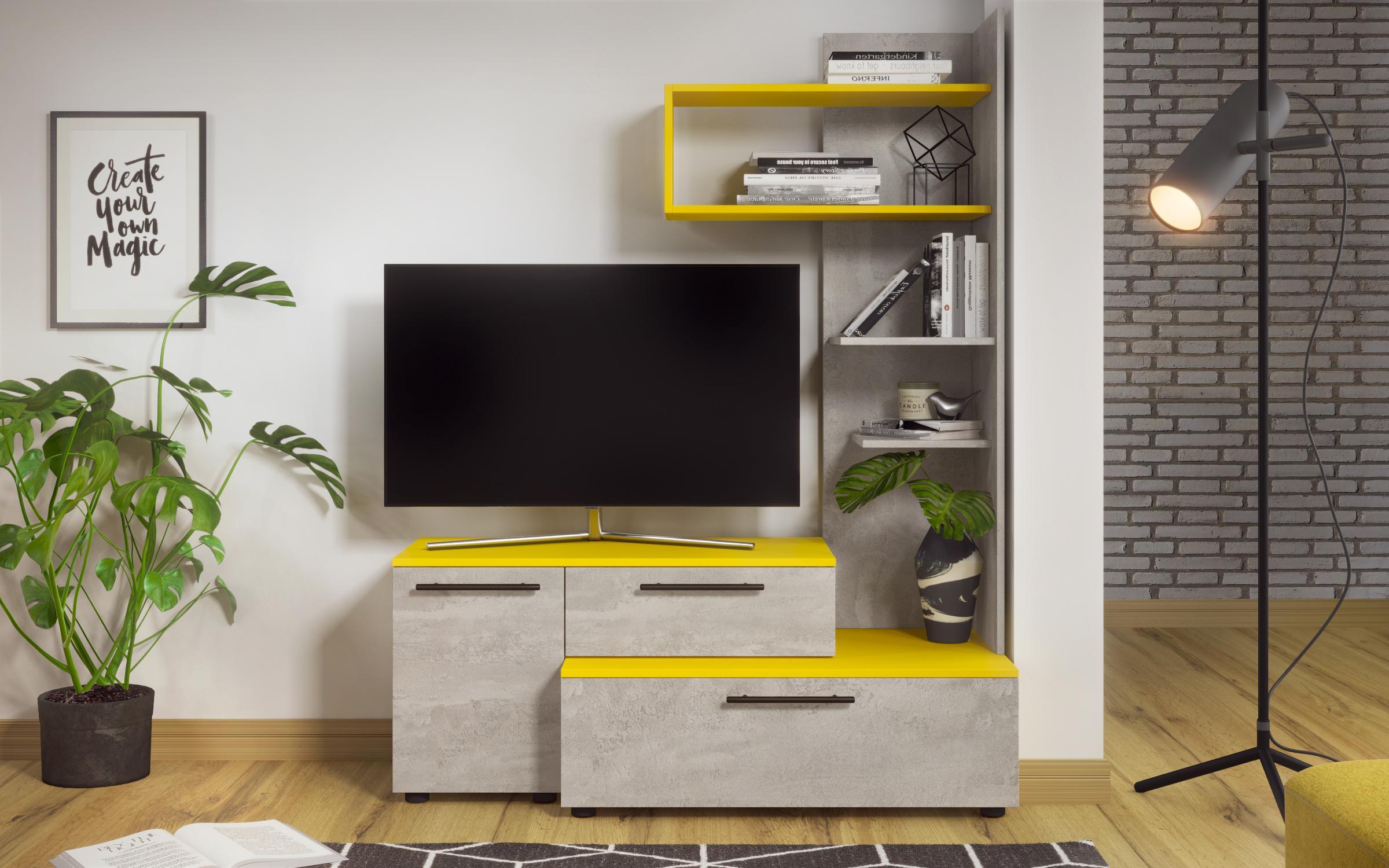 TV modul Alek, beton + sárga shagre  2