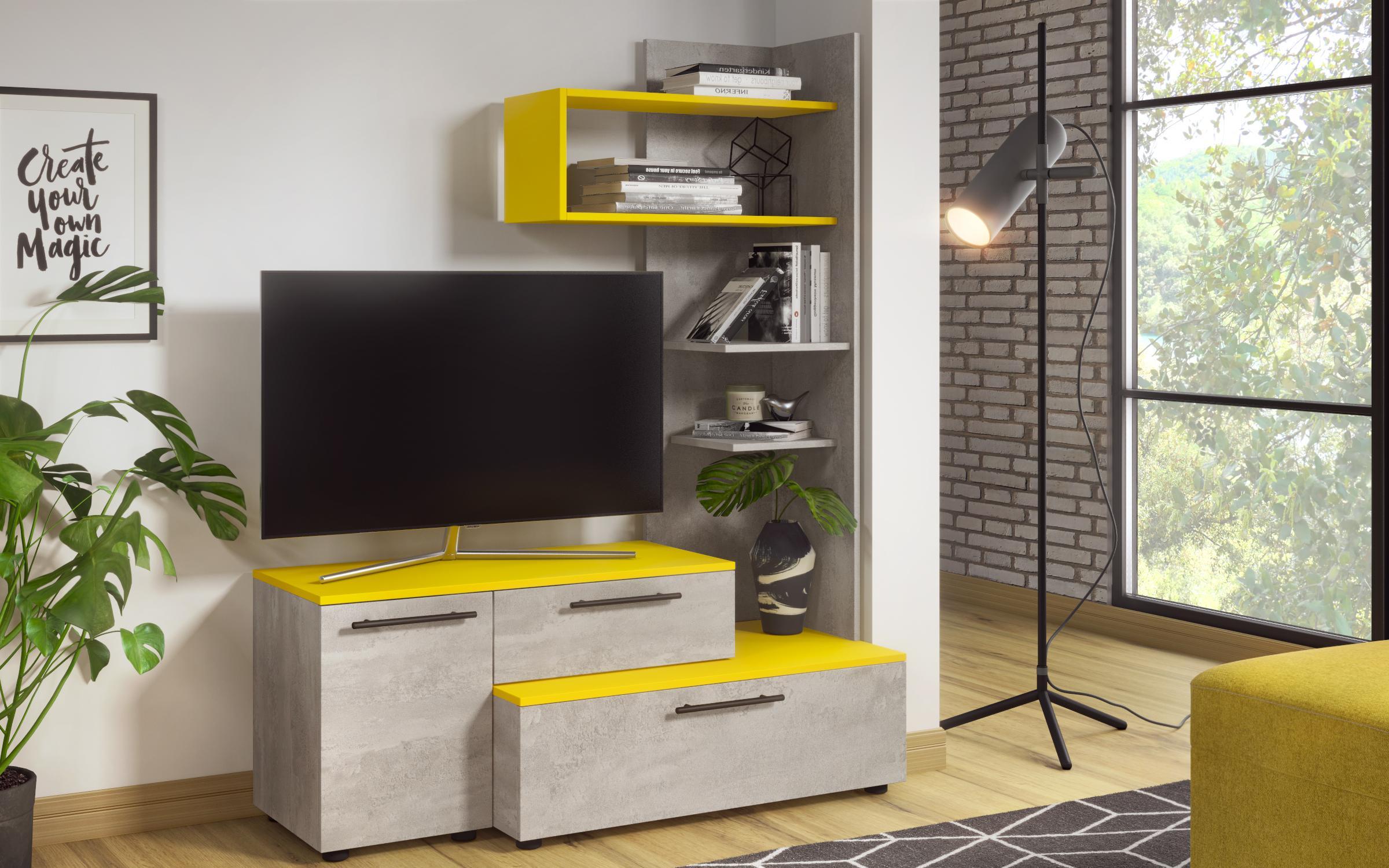 TV modul Alek, beton + sárga shagre  1